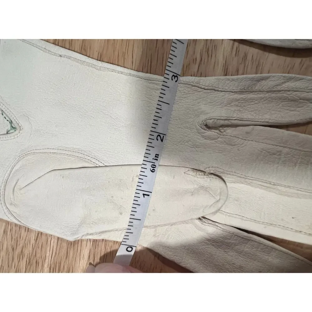 Vintage Dainty Leather Gloves White w Embroidered Floral Small JL